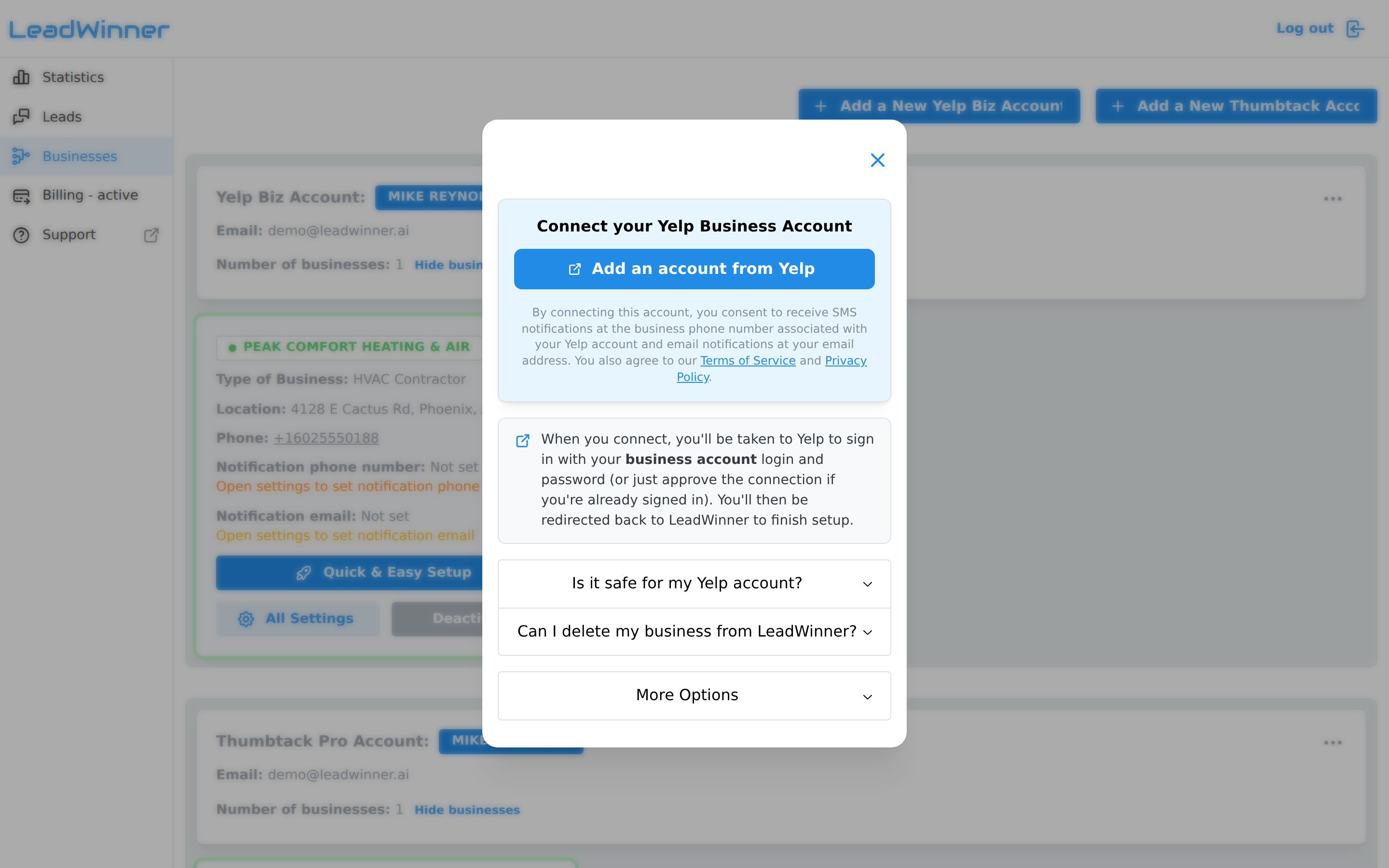 The "Connect your Yelp Business Account" window with the "Add an account from Yelp" button