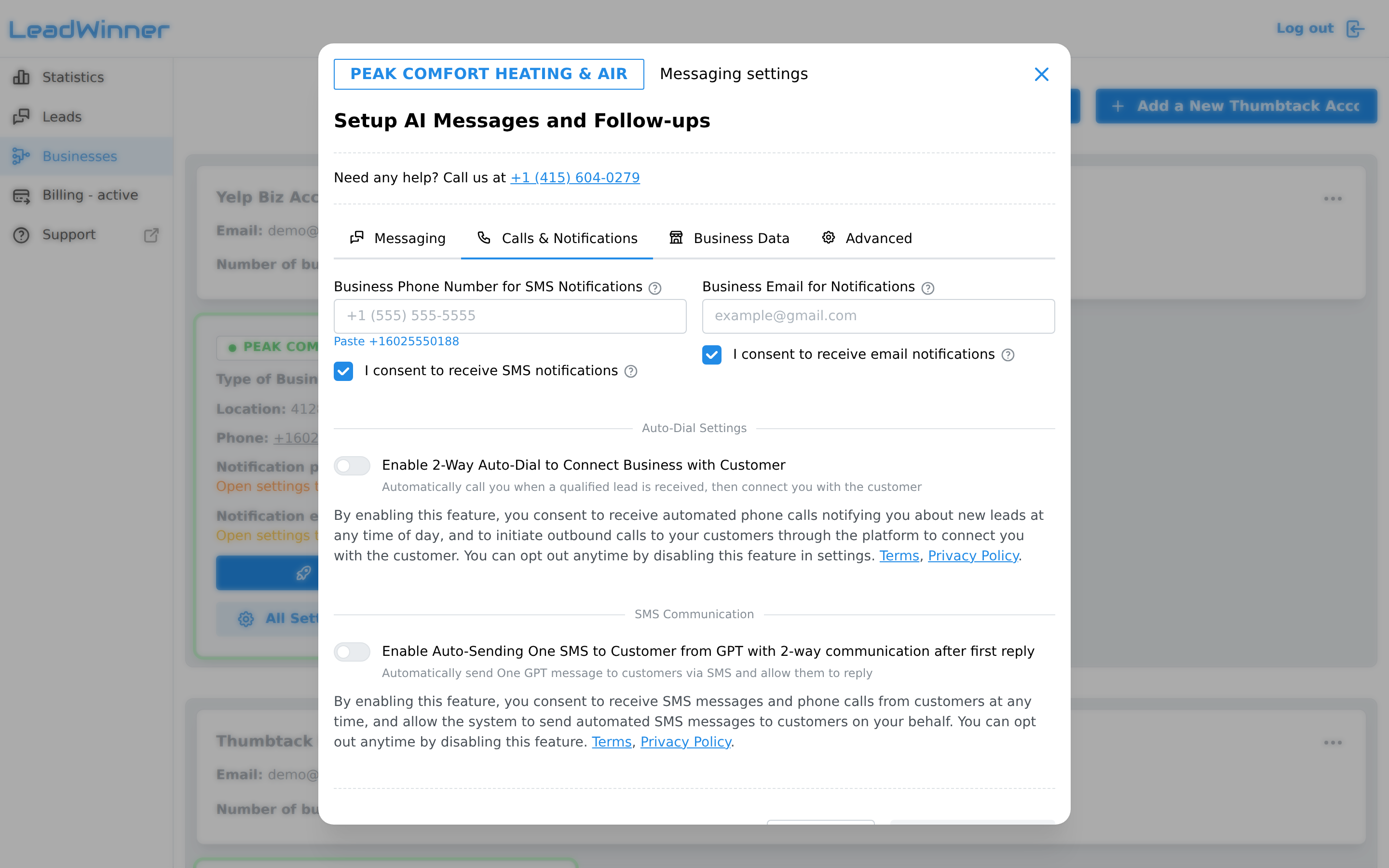 The Calls & Notifications tab with the SMS Communication section