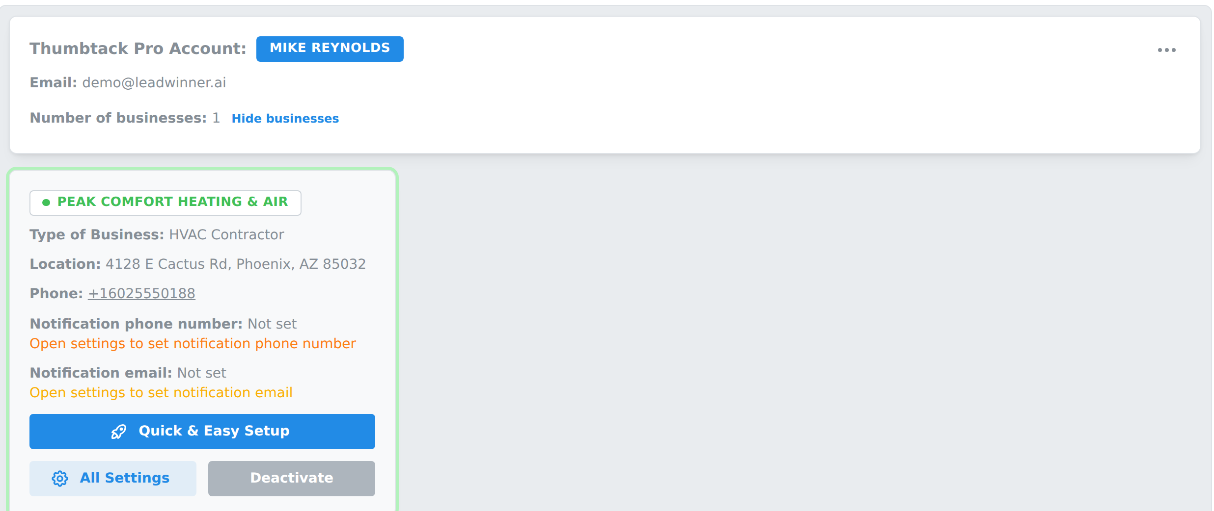 A connected Thumbtack account card on the Sources page