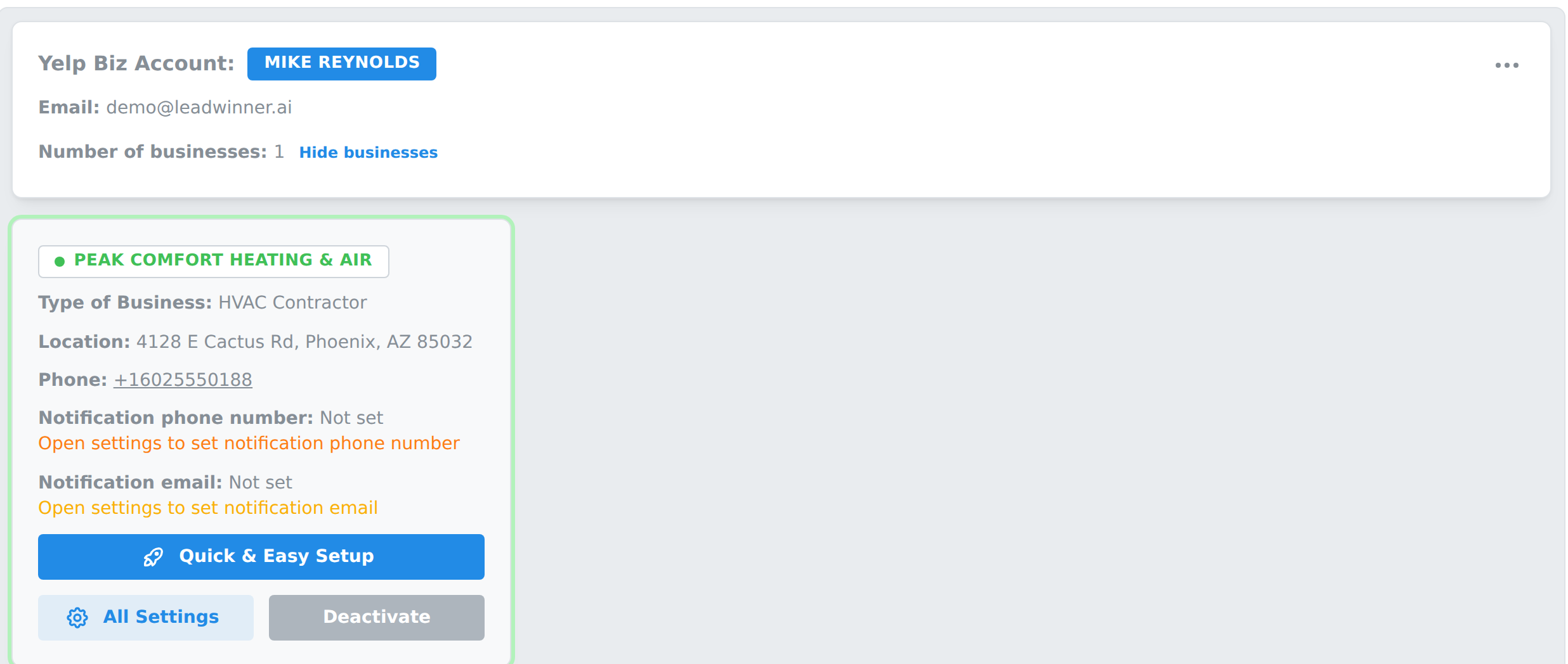 A connected business card on the Sources page with a green enabled status badge